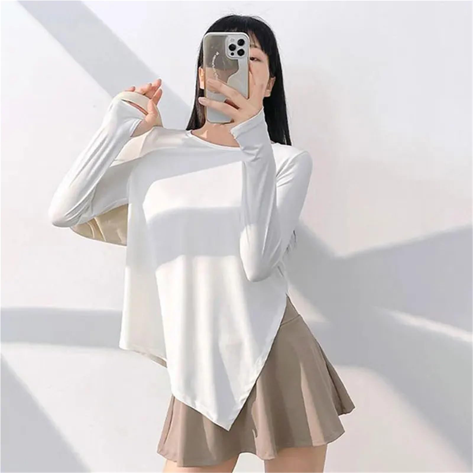 Maglietta lunga da yoga donna, girocollo, tinta unita, casual, sportiva, con protezione solare Per Donna