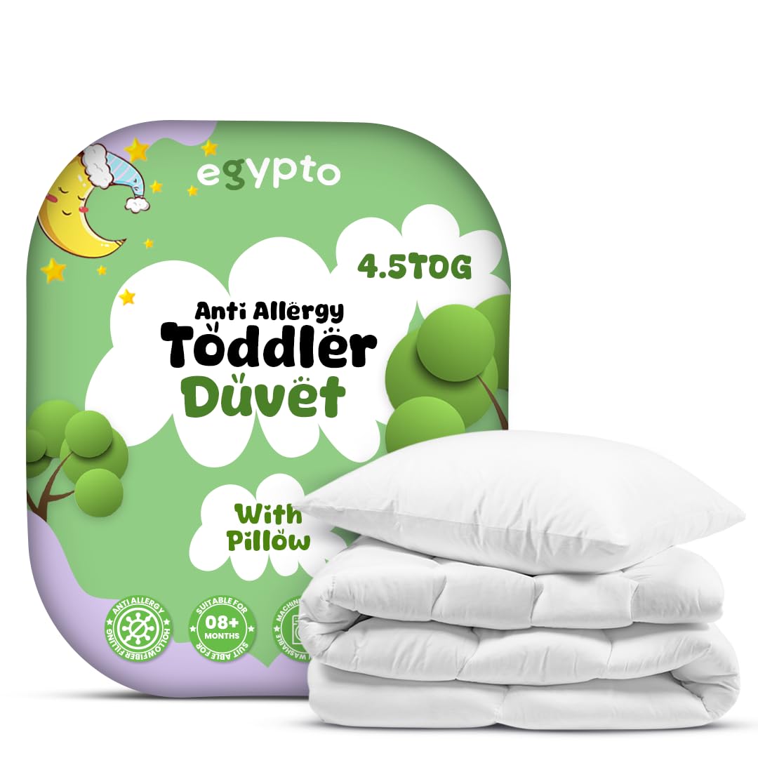 Egypto White 4.5 Tog Anti-Allergy Cot Duvet And Pillow Set – Soft & Lightweight Toddler Duvets – Machine Washable – Cot Bed Duvet For Children, Toddlers (120Cm X 150Cm, 4.5 Tog)