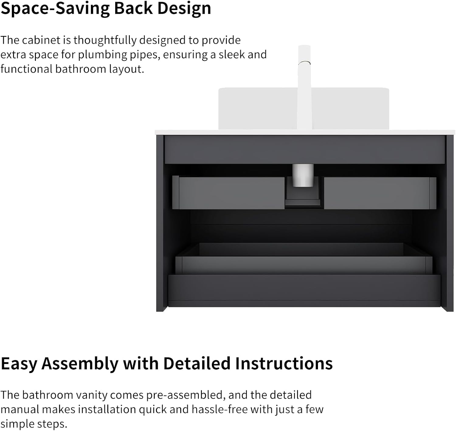 Yayzy 24" Floating Bathroom Vanity with Sink, Solid Wood Fluted Cabinet, White Marble-Patterned Ceramic Basin & Faux Marble Top, Soft-Close Drawer, Pre-Assembled, Gloss Black