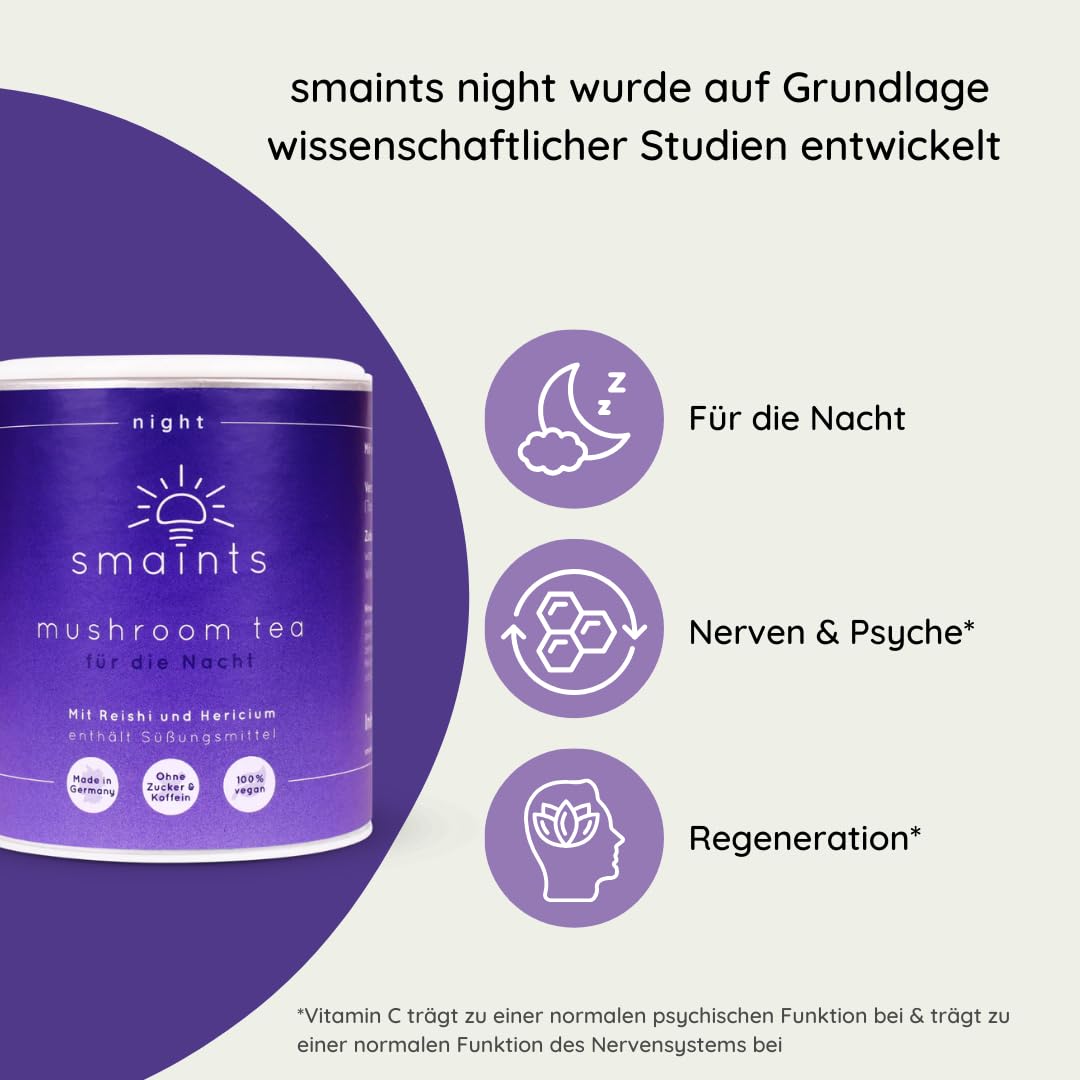 smaints Mushroom Tea | Komplex-Formel mit Reishi, Hericium, Melisse, Baldrian, Ashwagandha & Vitamin C | Perfekt vor dem Schlafengehen | Superfood Vitalpilze