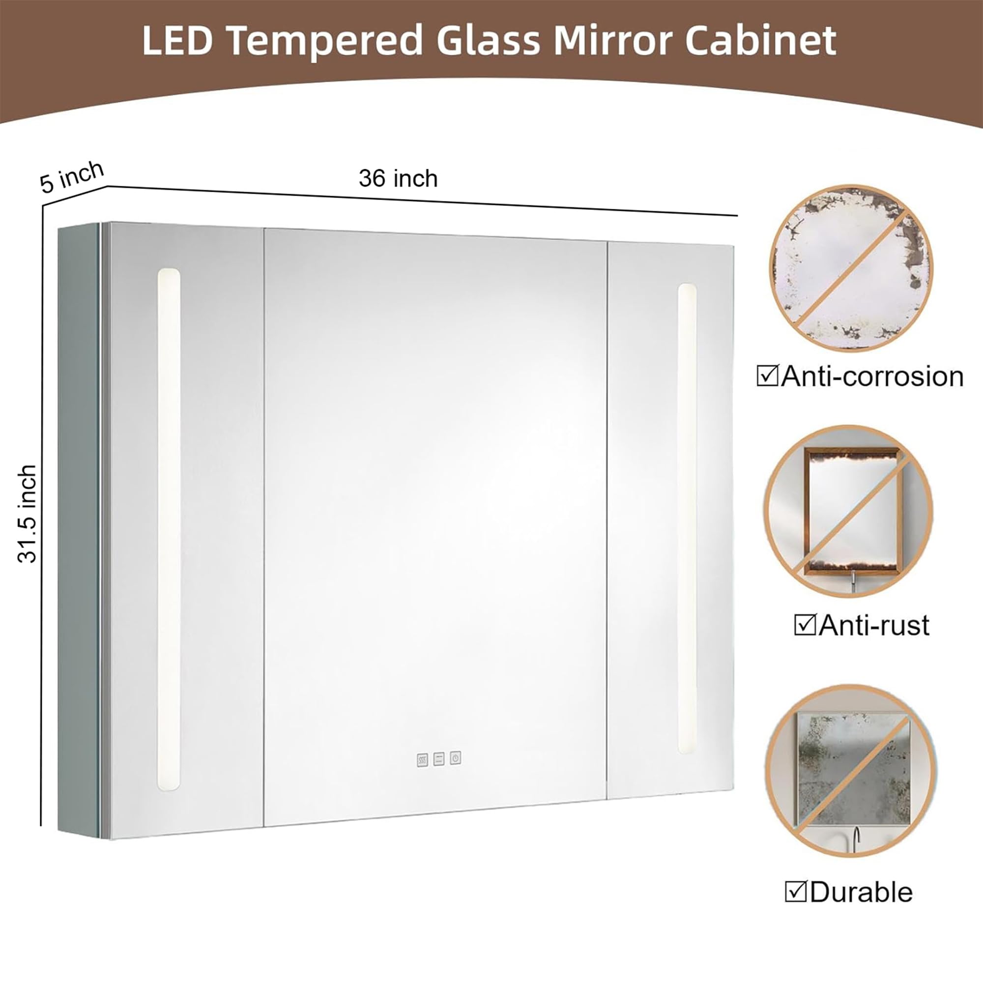 Bathlink 36 × 31.5 Inch LED Medicine Cabinet Mirror, Recessed or Wall Mounted 3-Door with Soft-Close, Defogger, Adjustable Color Temperature, Stepless Dimming, Tempered Glass