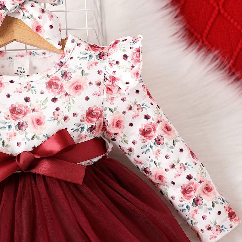 Image of Niren Enterprise Long Sleeve Printed Flower Belted Round Neck Baby Girl Frock with Knee-Length and A-Line Style