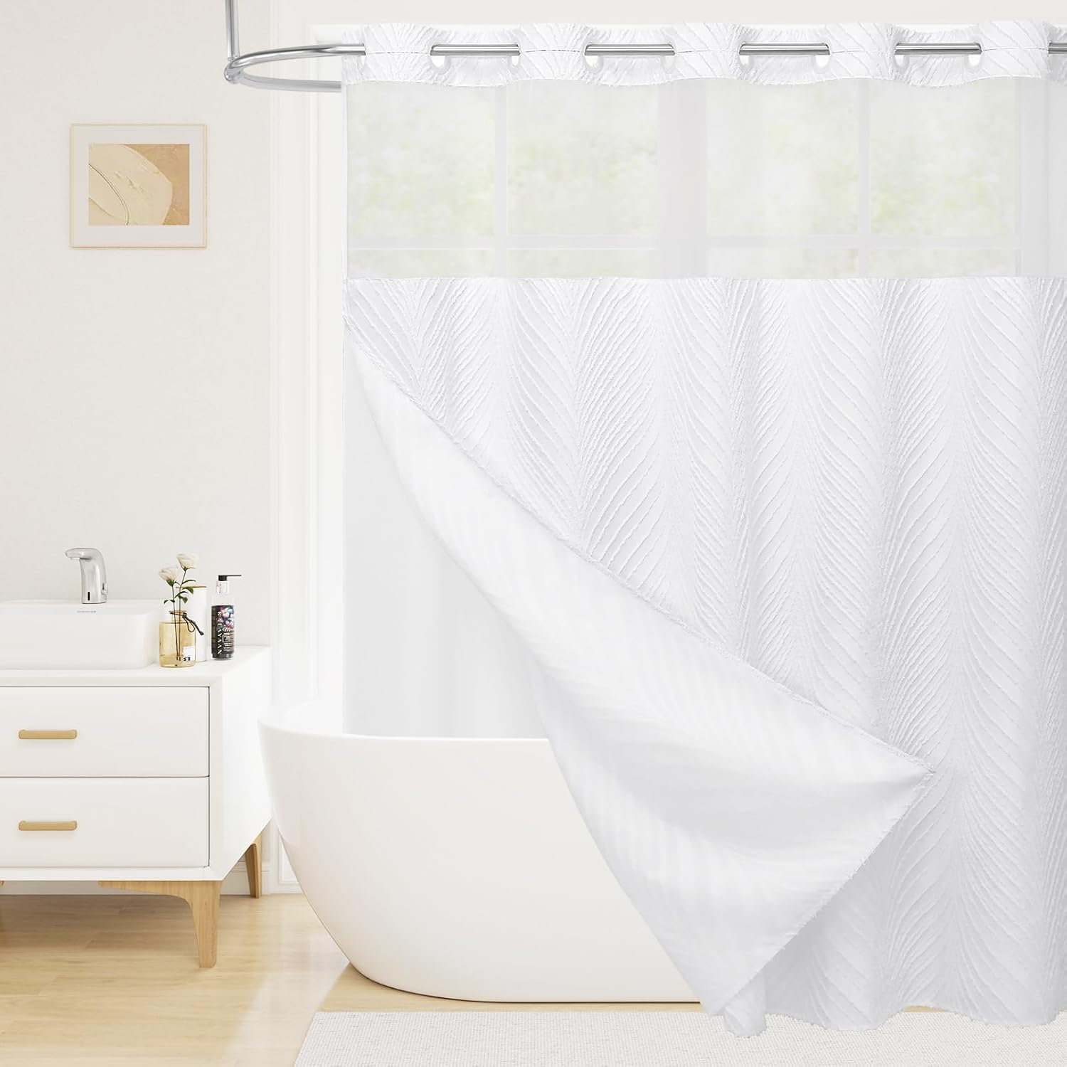 No Hook Extra Long Shower Curtain Set with Snap-in Liner, 86 inch XL Boho White Fabric Shower Curtains for Modern Bathroom Decor, Hotel Style Shower Curtain with See Through Top Window