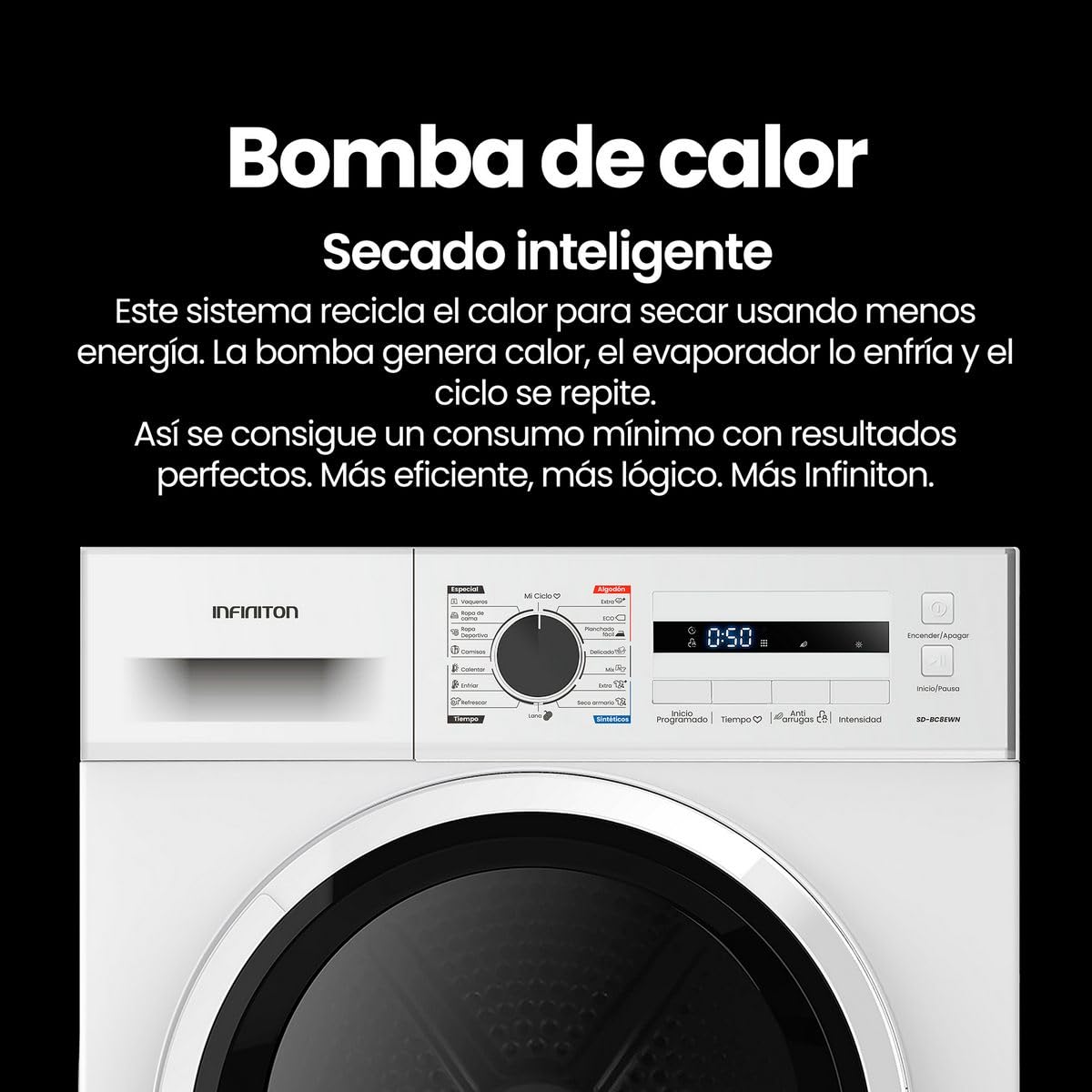 Secadora Bomba de Calor Infiniton SD-A85BB, 8 kg, 85 cm de Altura, 14 Programas, Función Antiarrugas, E, Cesto interior de acero galvanizado, Pórtico extra grande con 375mm (SD-A85BB || Blanco)