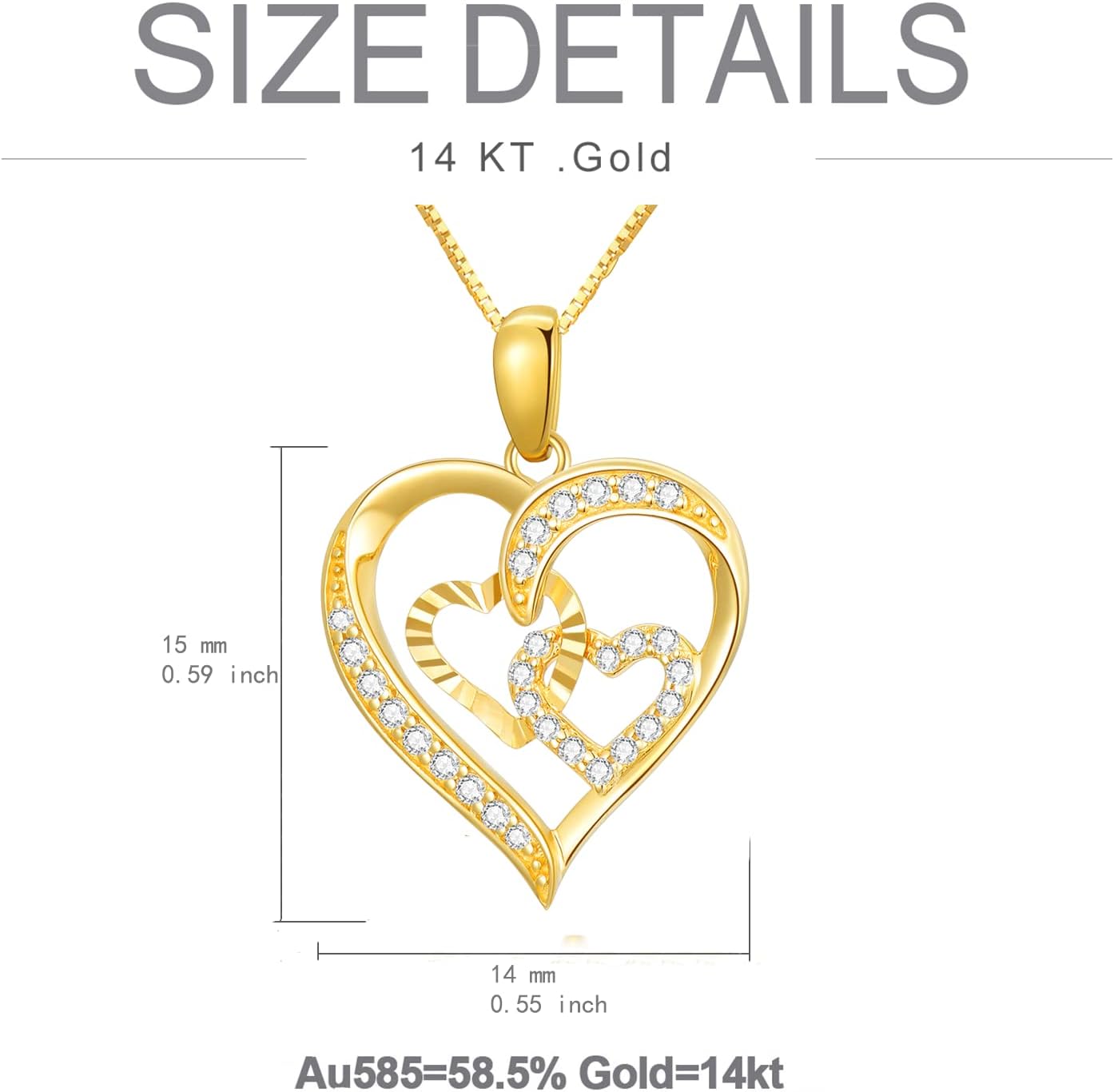 SISGEM 14K Real Gold Heart Necklace for Women,Yellow Gold Love Pendant Necklace Triple Hearts Jewerly Gifts for Birthday Anniversary 16+1+1 inch
