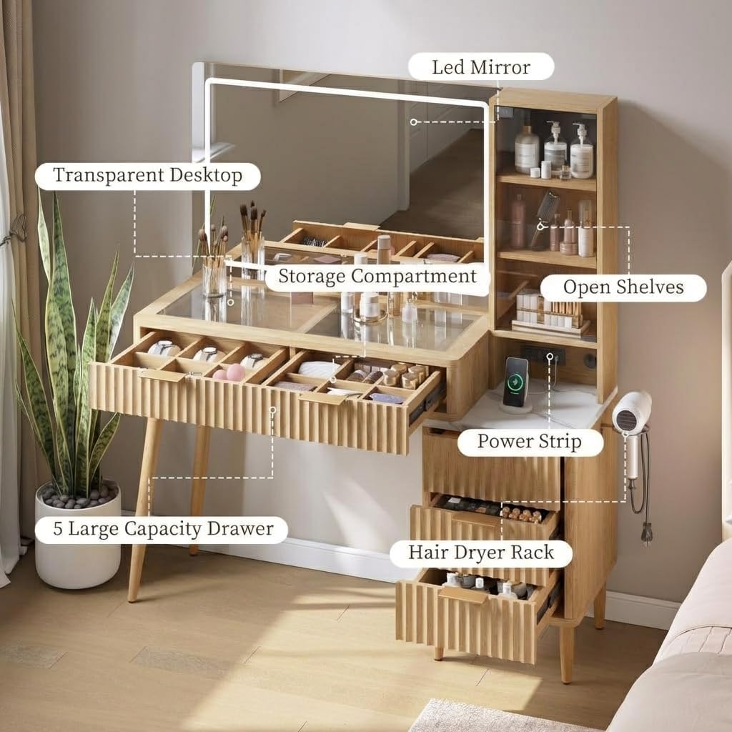 Vanity Desk - Makeup Vanity Desk with Mirror and Lights, Wooden Dressing Table with Mirror, White Vanity with Lighted Mirror, Makeup Desk with Drawers, Bedroom Vanity