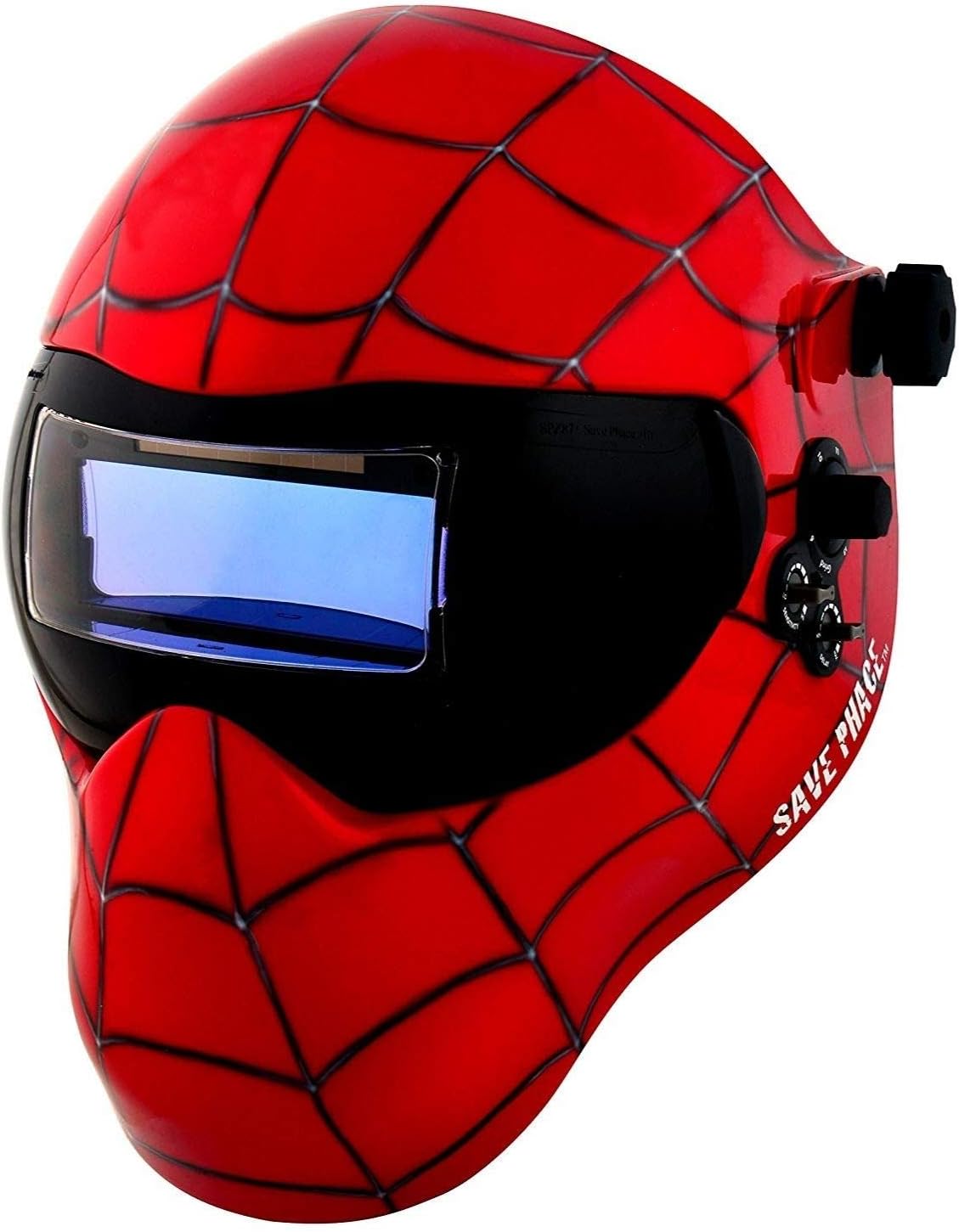 Save Phace Auto Darkening Welding Helmet Spiderman Gen Y - Ear to Ear vision Welder Hood with 2nd Largest Viewing Mask for SMAC/MIG/TIG/SPOT - 2 ARC Sensors Solar Powered and Grind Mode (3012336)