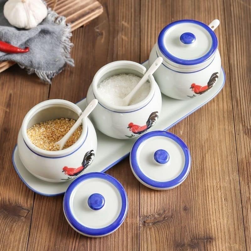 Seasoning Jar with Lid Spoon Retro Ceramic Rooster Kitchen Salt and Monosodium Glutamate Seasoning Jar Household Sugar Shaker