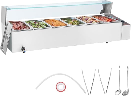 VEVOR 6-Pan Commercial Food Warmer, 6 x 8QT Electric Steam Table with Glass Cover, 1500W Countertop Stainless Steel Buffet Bain Marie 86-185°F Temp Control for Catering, Restaurants, Silver