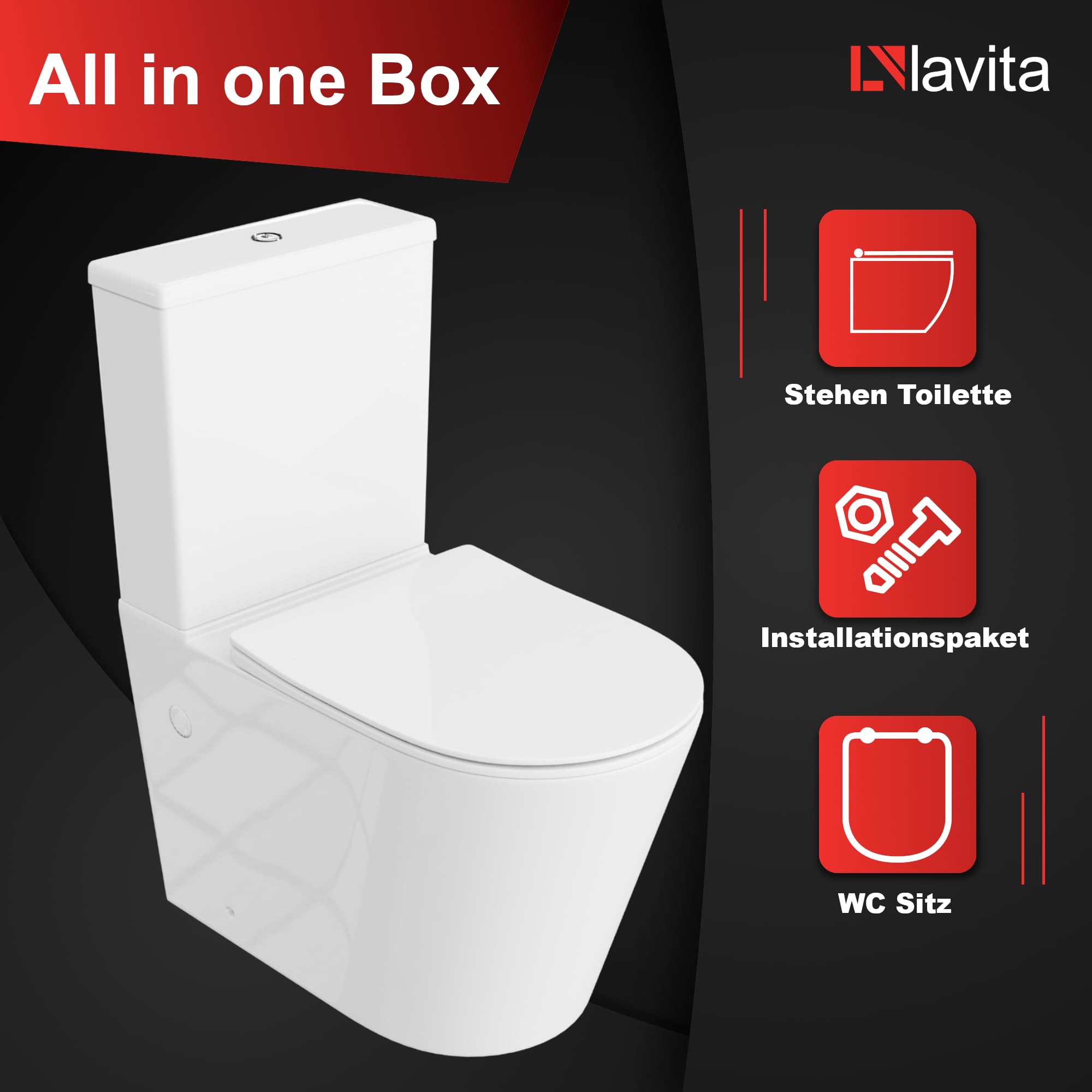 LAVITA WC monoblocco con cassetta di scarico integrata ANTON WHITE Set completo WC con coperchio con chiusura automatica WC in ceramica senza brida Sistema di scarico TORNADO