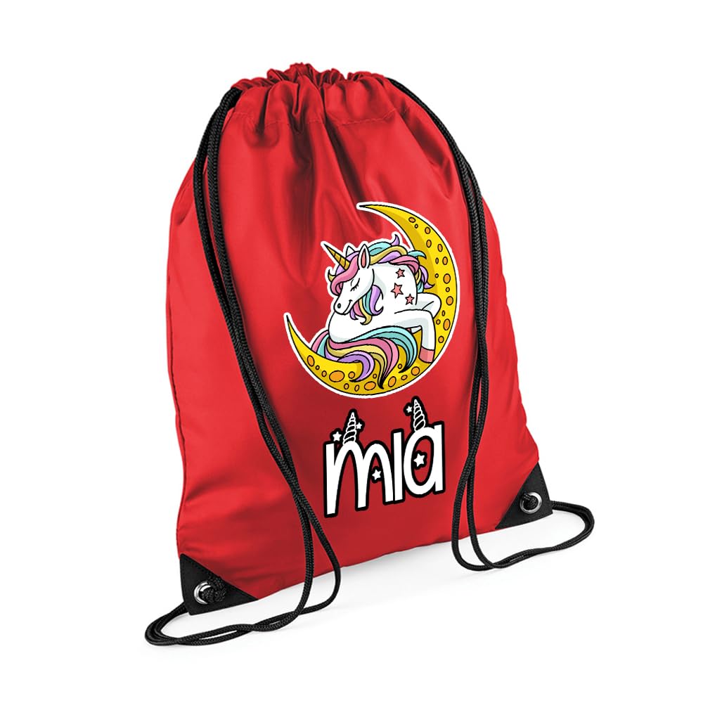 Unicorn Bag Gift For Girl, Personalised Backpack, Back To School Gift, Drawstring Bag, PE Gym Kit, Swimming, Sport Rucksack. (Bright Red)