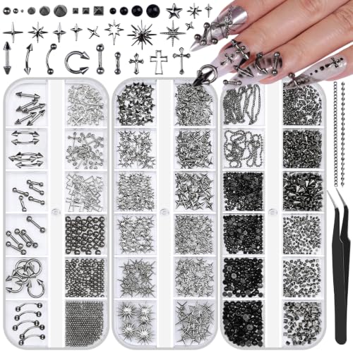 3 Boxes Goth Nail Charms Punk Metal Nails Studs Black Square Cone Spike Star Cross Flatback Pearls Caviar Beads Nail Chain Nail Gems for Nail Art Decoration (Black)