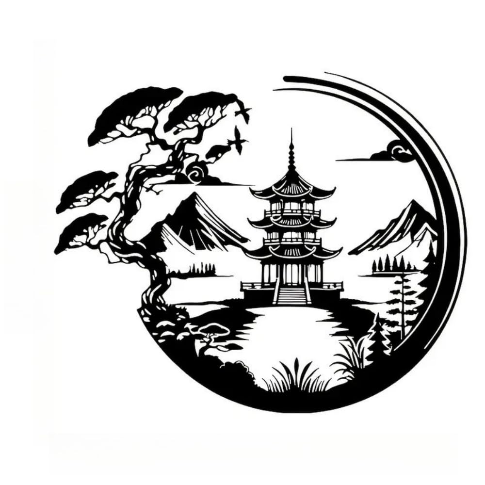 Xshelley11.8 inch Metal Wall Art,Bonsai Tree & Torii Gate Statue Mural,Japanese Style Room Decor Black Wall Art Home Decor for Living Room, Bedroom, Dining Room