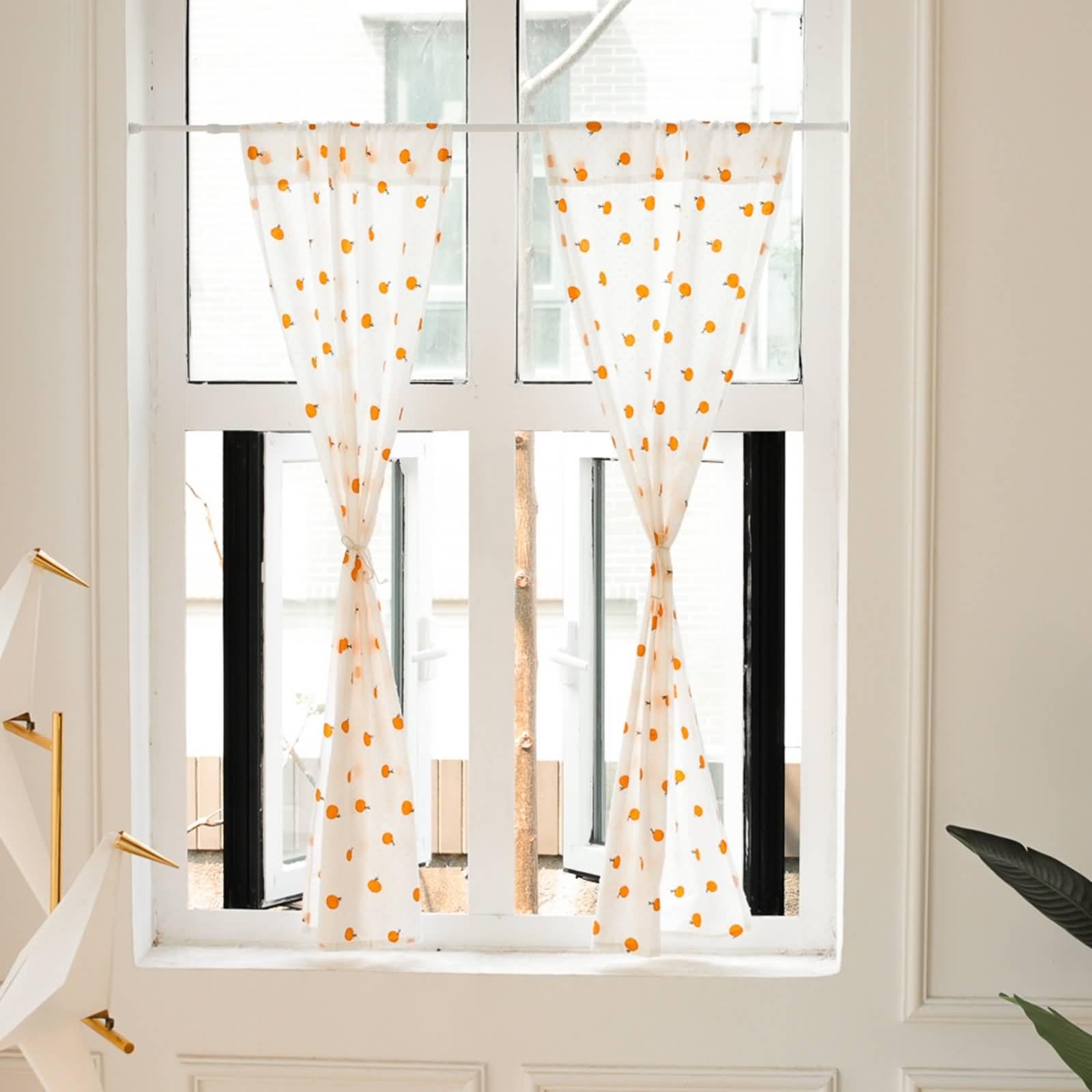 Fenster Vorhänge Stoff, 2 Stück Ösen Scheibengardine Küchengardinen Bistrogardine Halb Transparent Stores Gardinen Fenster Orangefarbenes Muster aus Polyester BaumwolleBeige Orange, 140x60cm