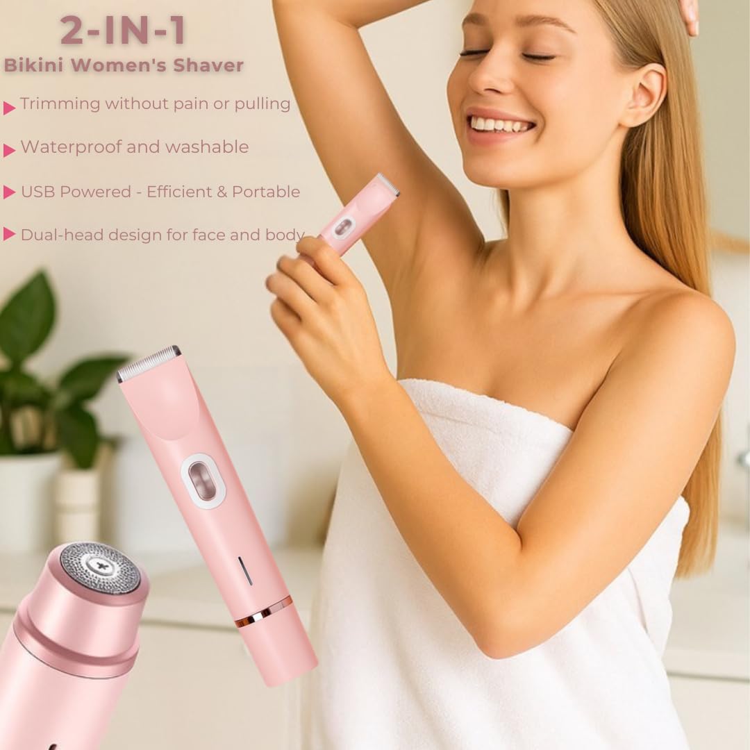 Electric Bikini Trimmer for Women, USB Rechargeable Electric Shaver for Bikini Line, Legs, Underarms – Portable Waterproof Lady Grooming Razor (Pink)