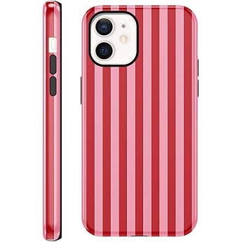 Coalbooliy Mobile Phone Case Stripes for iPhone 12 Pro/ 12 Aesthetic Summer Striped Women Spring Colourful Girls Pattern 2 in 1 Case Silicone Protective Print Design Scratch-Resistant Cover Red