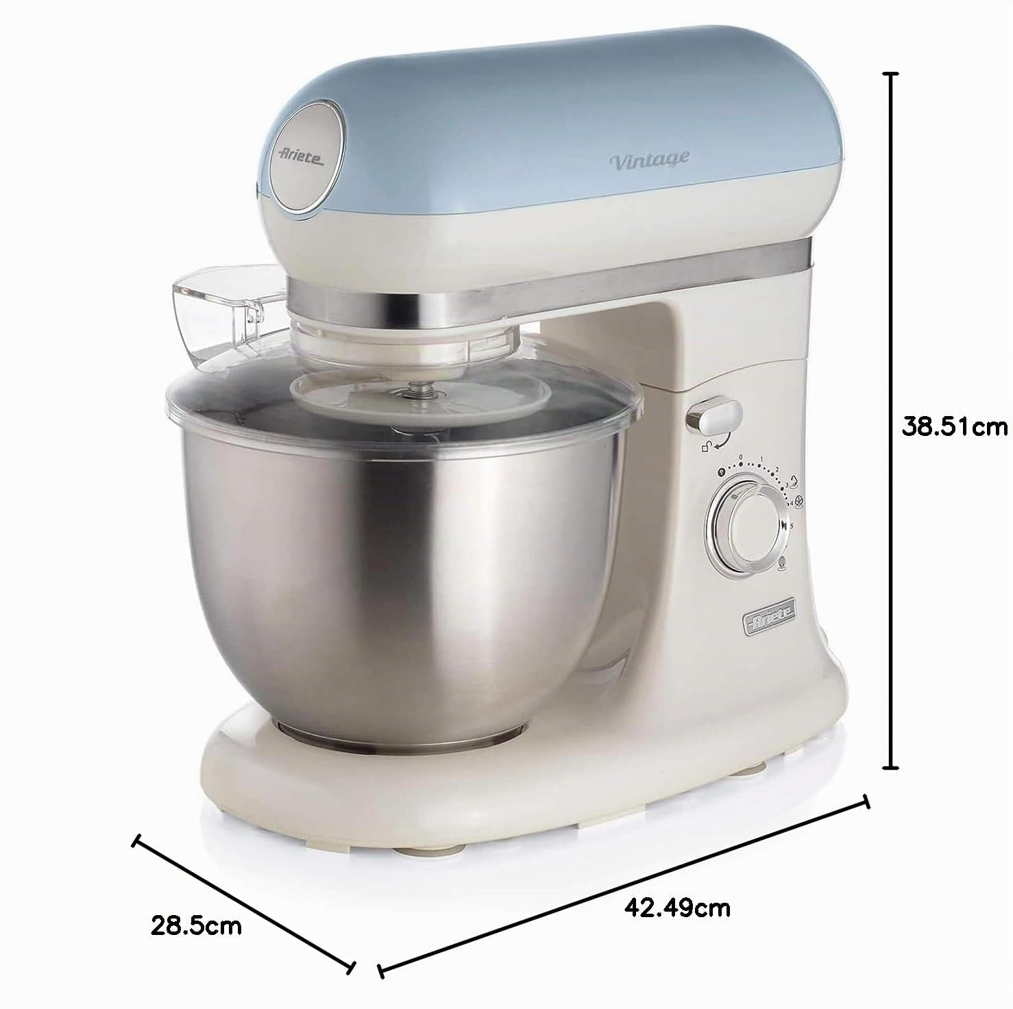 Ariete Vintage 1588 Knetmaschine, Retro Planeten-Rührwerk für Brot-, Pizza-, Kuchen- & Gebäck-Teig, Knethaken, Schneebesen, 5,5 L Fassungsvermögen, 7 Geschwindigkeiten + Pulse-Funktion, 1200W, Blau
