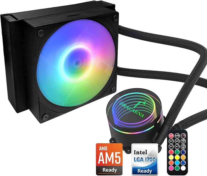 Dracaena.io 120mm AIO CPU Cooler - ARGB Remote Control, Quiet PWM ARGB Fan, Hydraulic Bearing Pump & Aluminum Radiator - for Intel LGA1700/1200/115X/2011/2066 & AMD AM5/AM4/AM3/FM2 Ryzen, Black