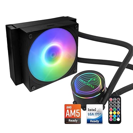 Dracaena.io 120mm AIO CPU Cooler - ARGB Remote Control, Quiet PWM ARGB Fan, Hydraulic Bearing Pump & Aluminum Radiator - for Intel LGA1700/1200/115X/2011/2066 & AMD AM5/AM4/AM3/FM2 Ryzen, Black
