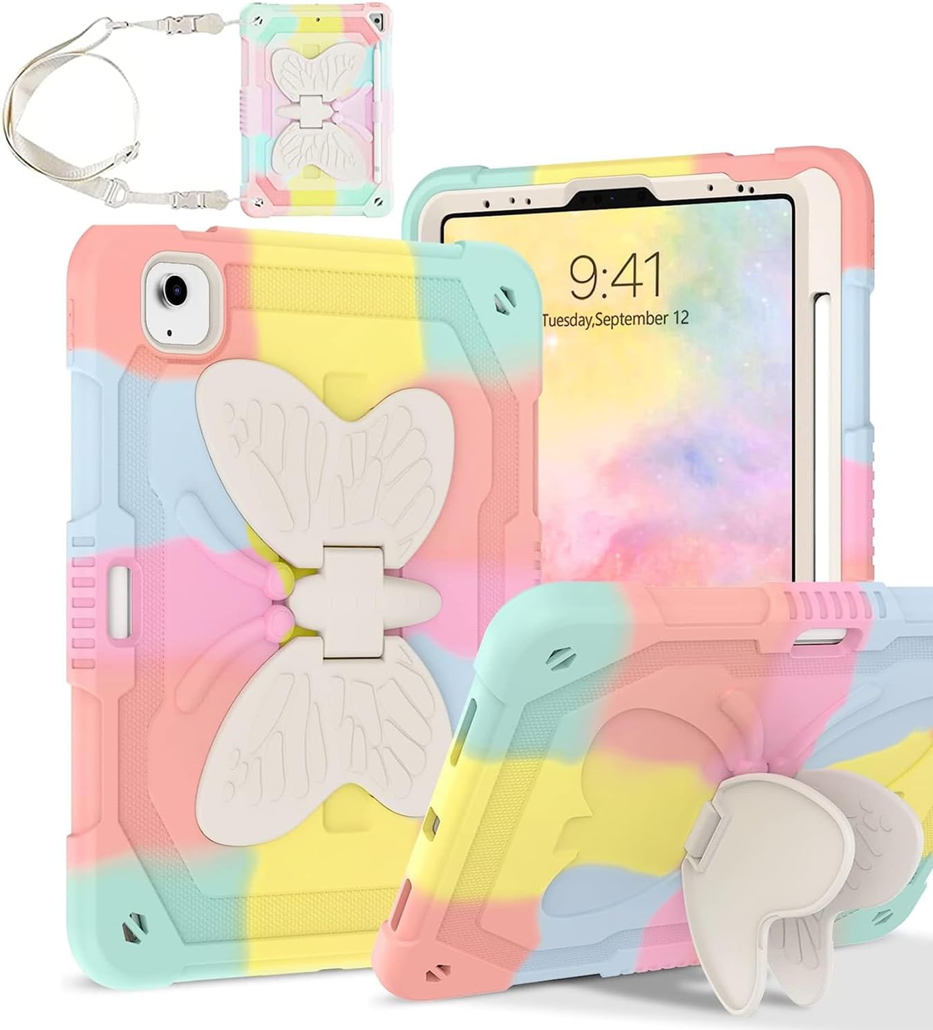 iPad Air Case 5th/4th Gen 10.9 Case, iPad Pro 11 Cases 3rd 2nd (2021/2020/2018) Case, 2 in 1 Rugged Full Body Shockproof Protective Girls Women Tablet Cover with Stand Pen Holder, Rainbow/Pink