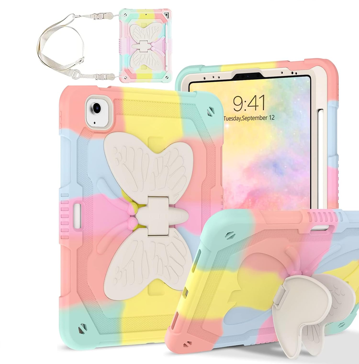 AVAKOT iPad Air Case 5th/4th Gen 10.9 Case, iPad Pro 11 Cases 3rd 2nd (2021/2020/2018) Case, 2 in 1 Rugged Full Body Shockproof Protective Girls Women Tablet Cover with Stand Pen Holder, Rainbow/Pink