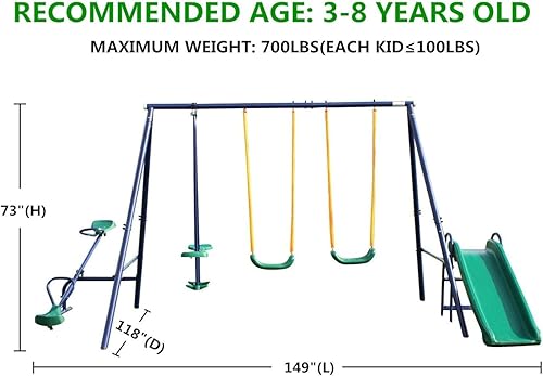 Miniatura 8 de Juegos de columpios de metal para patio trasero con asientos de columpio, deslizador, Teeter-Totter y columpio deslizante, juego de columpios para