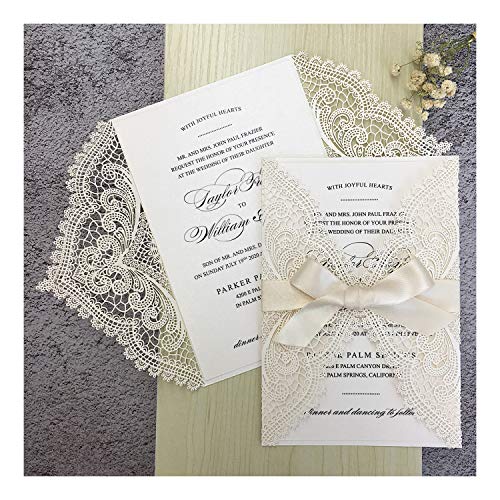 Picky Bride 25pcs 5x7 Wedding Invitations with Envelopes, Laser Cut Lace Hollow with Elegant Ribbons, for Wedding Bridal Shower Engagement Birthday Party Invite, Ivory