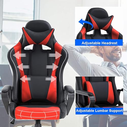 Miniatura 17 de Silla de oficina para videojuegos con brazos y apoyo lumbar, reposacabezas con respaldo alto, de piel sintética, silla de escritorio ergonómica,