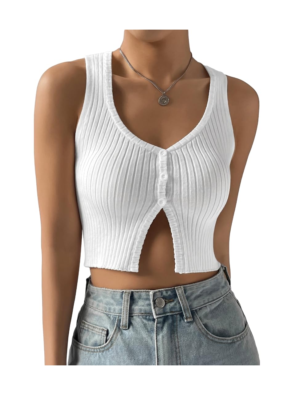 COZYEASE Womens Button Front Ribbed Knit Crop Tank Top Scoop Neck Sleeveless Casual Plain Crop Top