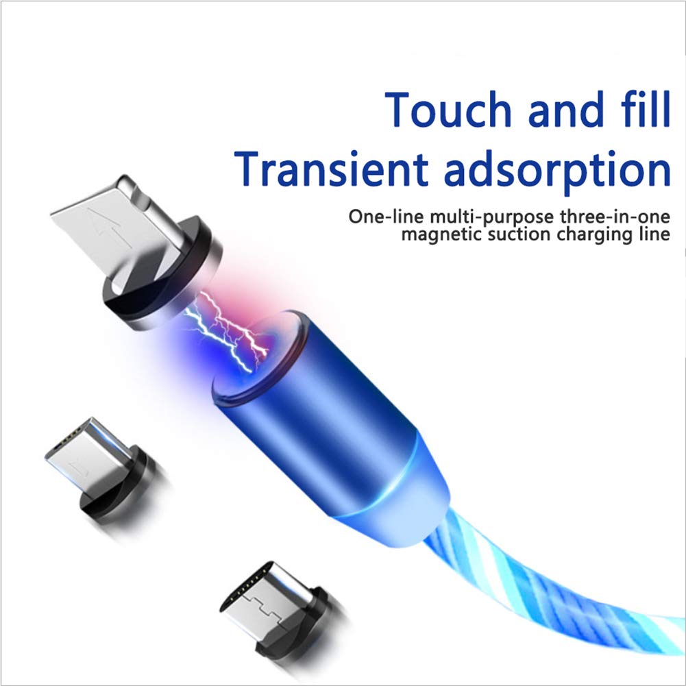 Streamer - Cable de carga magnético LED, cable de carga rápida de 3 A con rotación de 360° y 3 adaptadores (micro USB/i-Products/tipo C) compatible con todos los teléfonos inteligentes (6 pies-2 m)