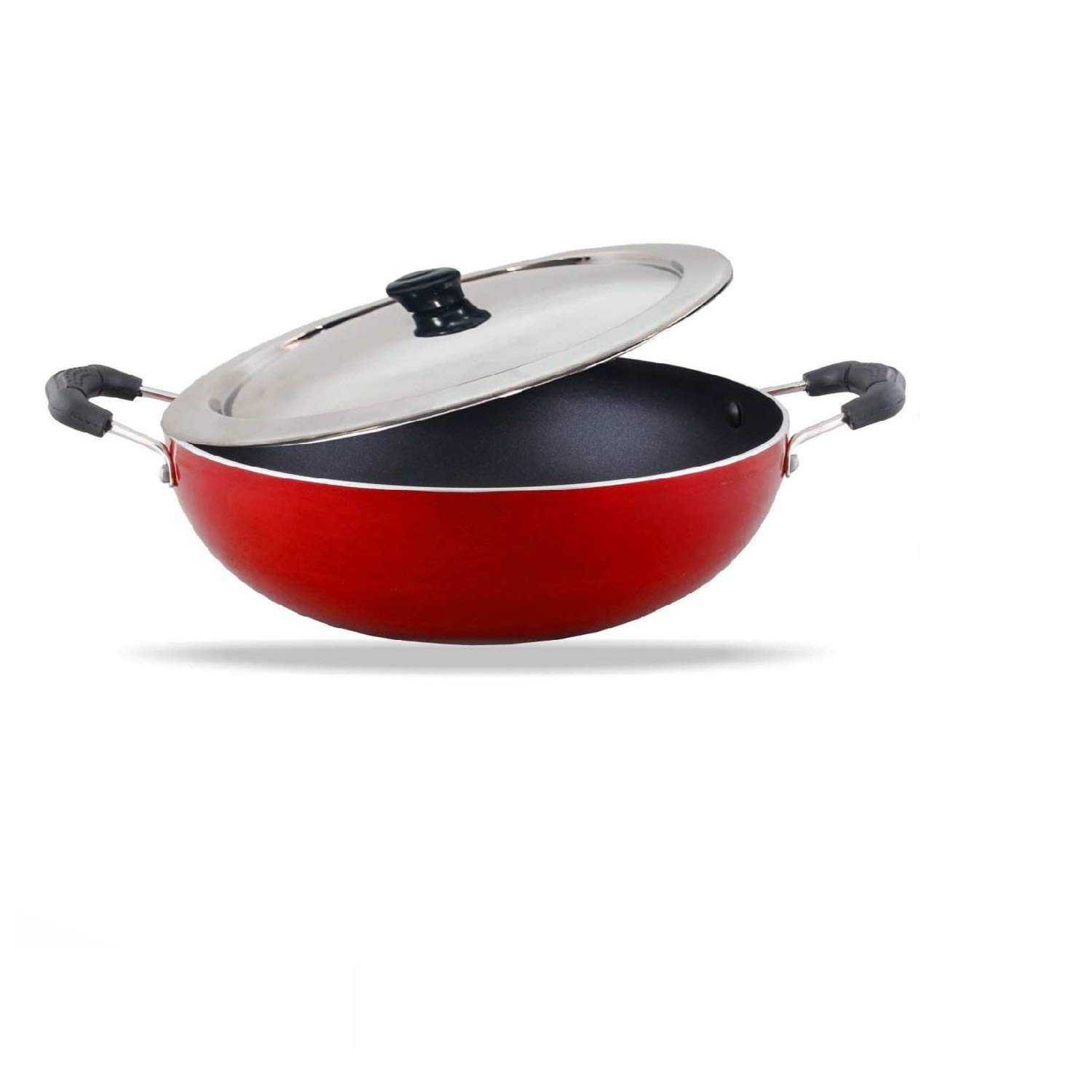 NAVRANG Cookware Aluminium Kadhai 22cm with Stainless Steel Lid | Non-Stick 2 LTR Deep Kadai for Cooking | Non Induction - Red
