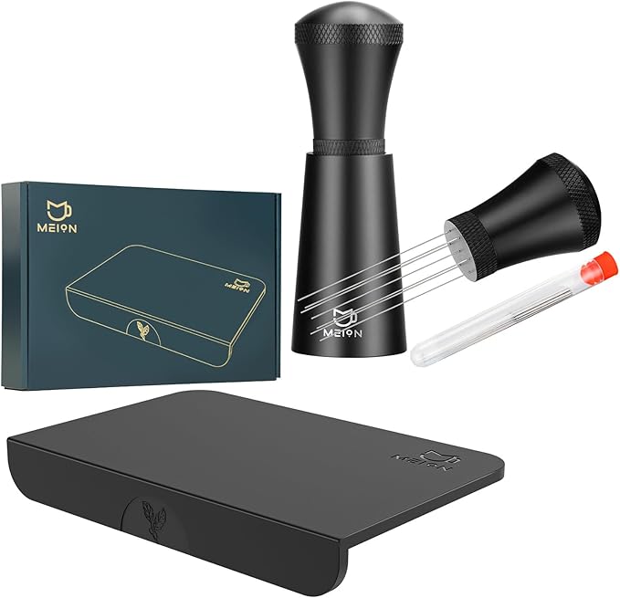 MEION Espresso Tamping Mat and Espresso Distribution Tool, Food Grade Silicone Tamper Mat, Espresso Coffee Stirrer (Black)
