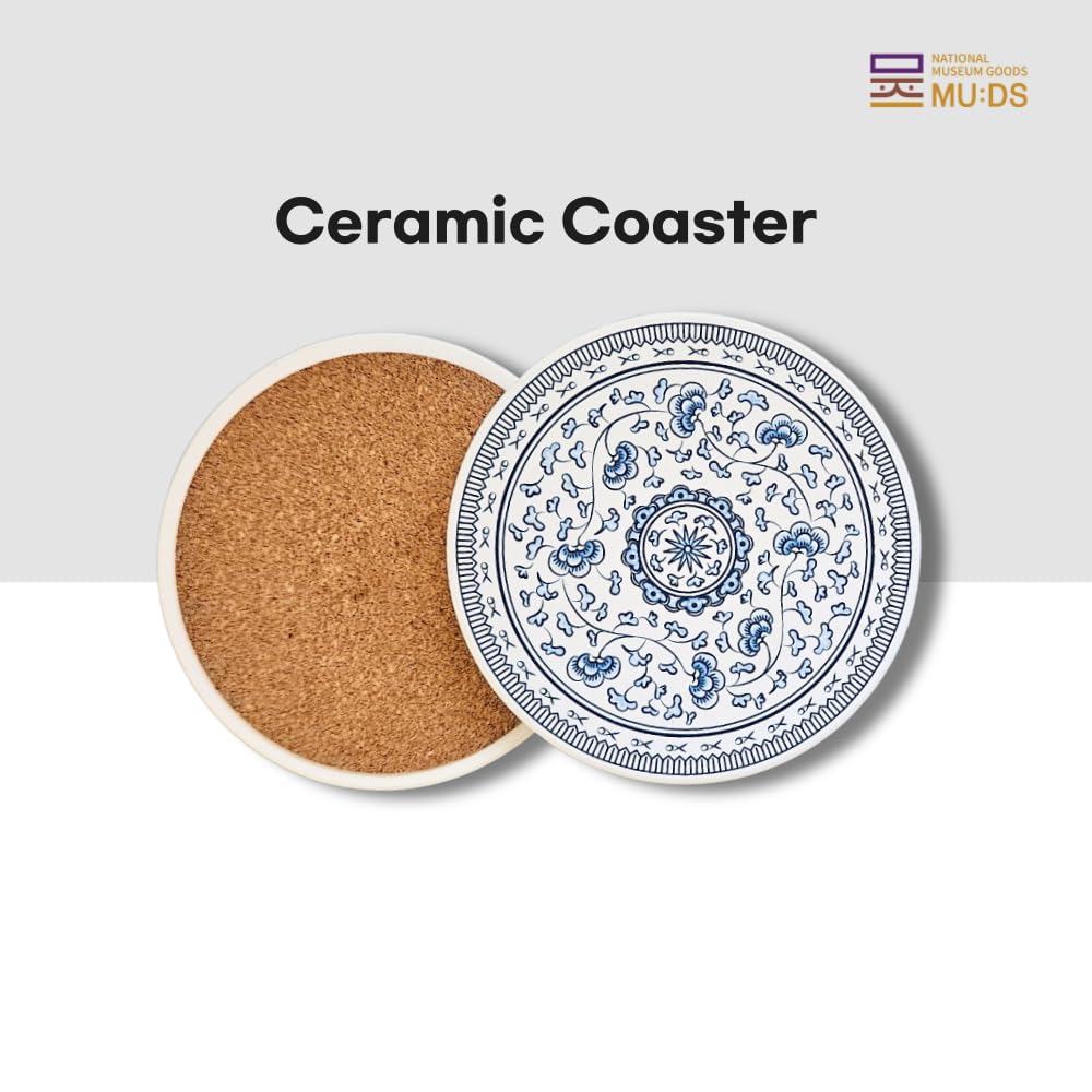 MU:DS Lot de 4 sous-verres coréens en céramique – Absorbants, antidérapants, motif vigne bleue et nuage inspiré de la poterie traditionnelle coréenne (bleu et blanc)