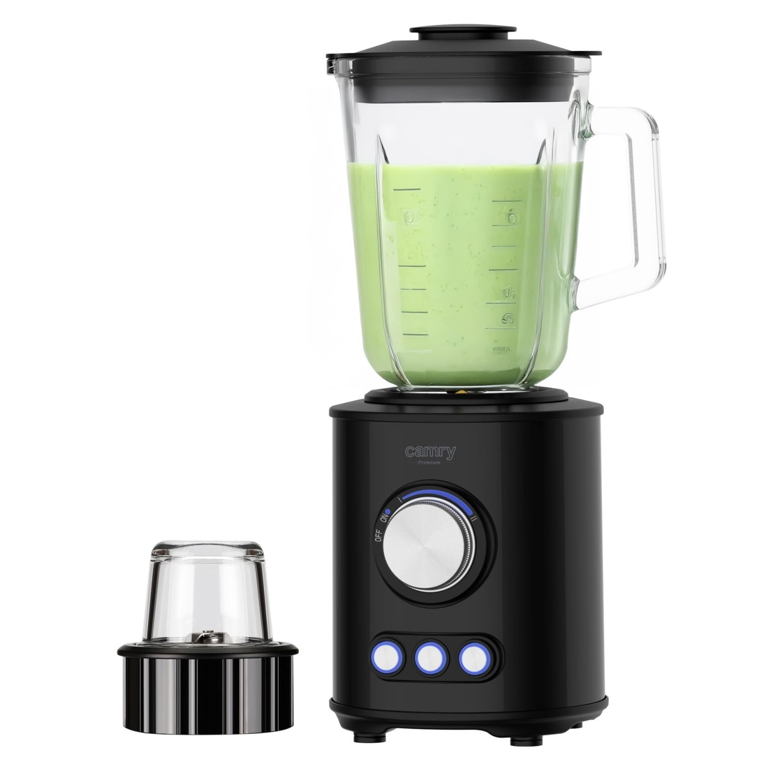 Camry Batidora de vaso con 3 programas CR 4088, 2 velocidades, vaso de Vidrio 1,5L, cuchilla de acero inoxidable con 6 hojas recubiertas de titanio, picadora, libre BPA y triturador de Hielo, Negro