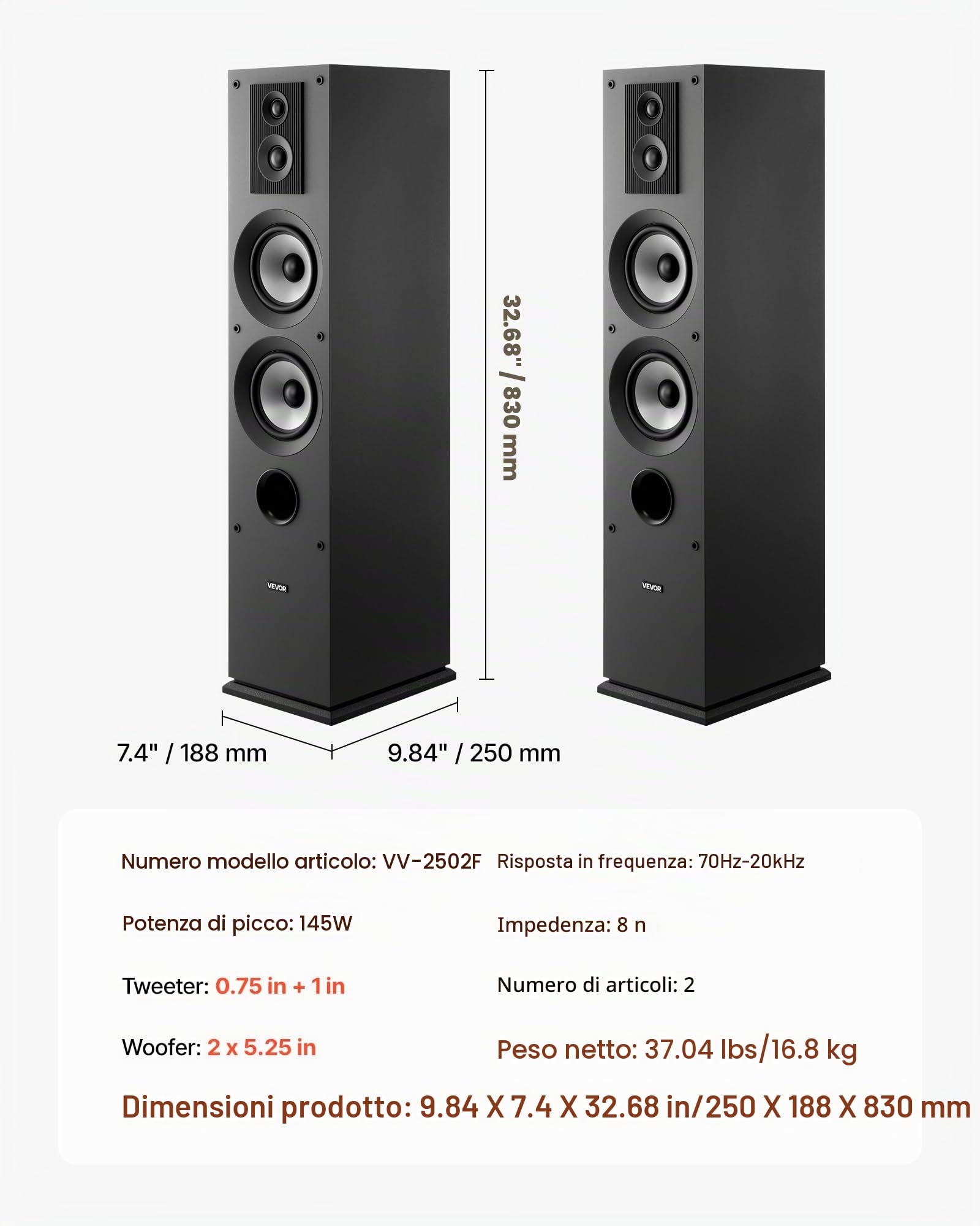 VEVOR Altoparlante da Pavimento, Altoparlante a Torre a 3 Vie con Doppi Woofer da ca. 133,3 mm, Picco da 145 W, Involucro in MDF, Risposta in Frequenza da 70 Hz a 20 kHz, per Audio Domestico, 2 Pezzi