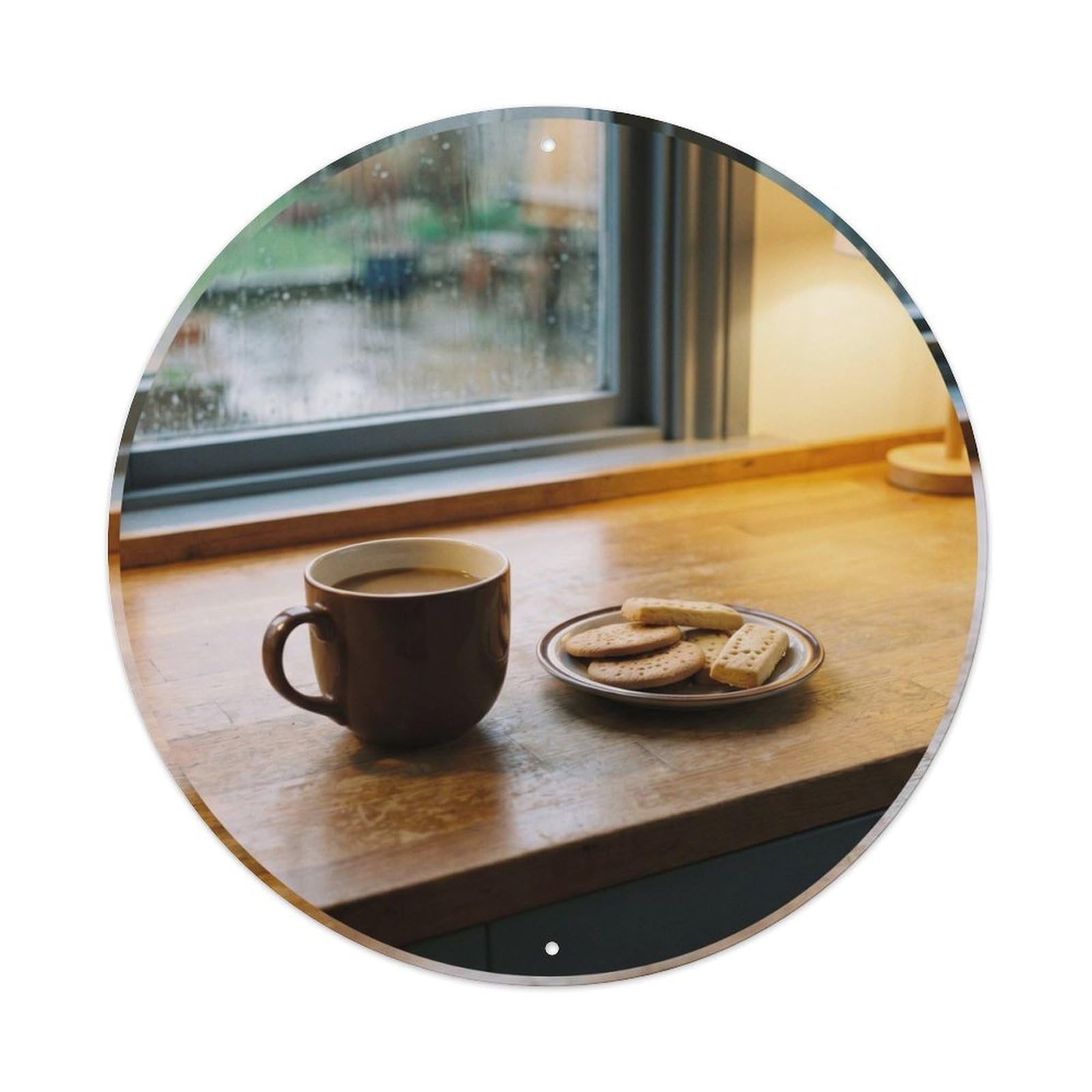 Vintage Rainy Window Coffeehouse Espresso Mug Biscuit Metal Tin Sign Plaque Wall Decor for Cafe, Man Cave, Club Bar, Office, Home Garden Round Metal Poster 8x8Inch
