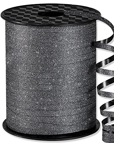 Image of PartyWoo Smoky Black Curling Ribbon, 500 Yard Glitter Ribbon for Balloons, Crafts, Weddings, Floristry (1 Roll)