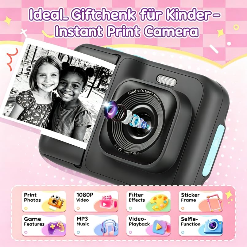 ETIKEZ Kids Camera Instant Print, 1080P with 32GB Card, Black - image 2