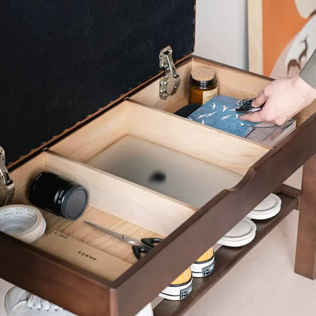 Shoe Rack Bench Wood Storage Bench PU Leather Upholstered Bench Shoe Stand with Hidden Storage Box Show Rack (Color : Brown, Size : 72.6 * 35 * 46.5cm)