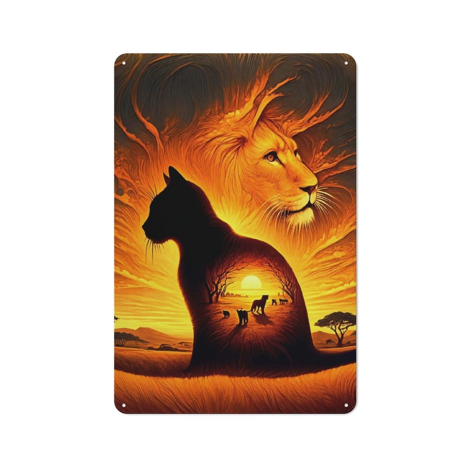 Junmoney Cat Silhouette Lion Sunset Classic Metal Wall Decor 30X20cm, Decorative Metal Sign For Workspace, Cafe, Shop Or Desk Area