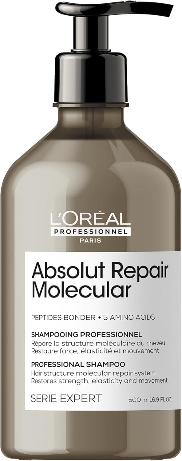 L’Oréal Professionnel Absolut Repair Molecular Sulphate Free Shampoo, For Extremely Damaged Hair, Molecular Peptides Bond Repair, Restore Strength & Elasticity 500 ml