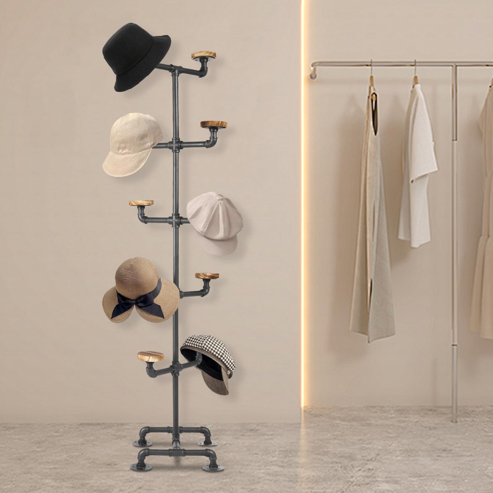 Tapischion 5 Tier 10 Hooks Floor-Standing Hat Cap Rack, Industrial Metal Pipe Hats Wig Display Hanger for Home or Retail Store, 13.4 * 13.4 * 61in (Black)