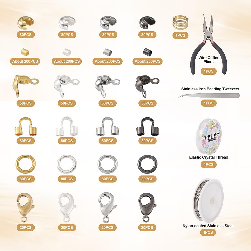 Pandahall 2045Pcs Jewelry Findings Kit 4 Colors Crimp Beads Covers Wire Guardians Jump Rings Lobster Claw Clasp Bead Tips with Pliers Beading Wire Jewelry Making Supplies