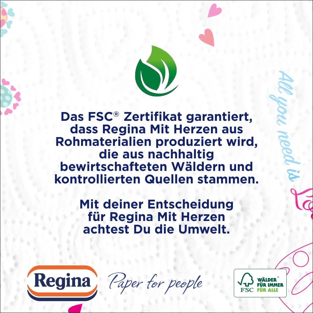 Regina mit Herzen Haushaltstücher - 32 Rollen-Packung (8 x 4 Einzelpackungen), 43 Blatt 3-Lagig, Super Saugfähig, Dick, Beständig, FSC Papier | 8x4 Einzelpackungen, 43 Blatt, 10 Motive sind von der Liebe inspiriert, Super Saugfähig, Dick, Beständig, FSC P