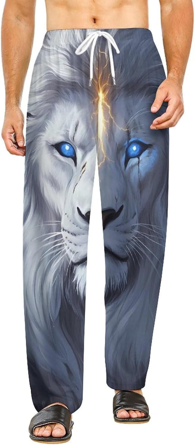 White Lion with Glowing Blue Eyes Novelty Pajama Pant With Pockets Drawstring Sleep Lounge Pants For Women Men