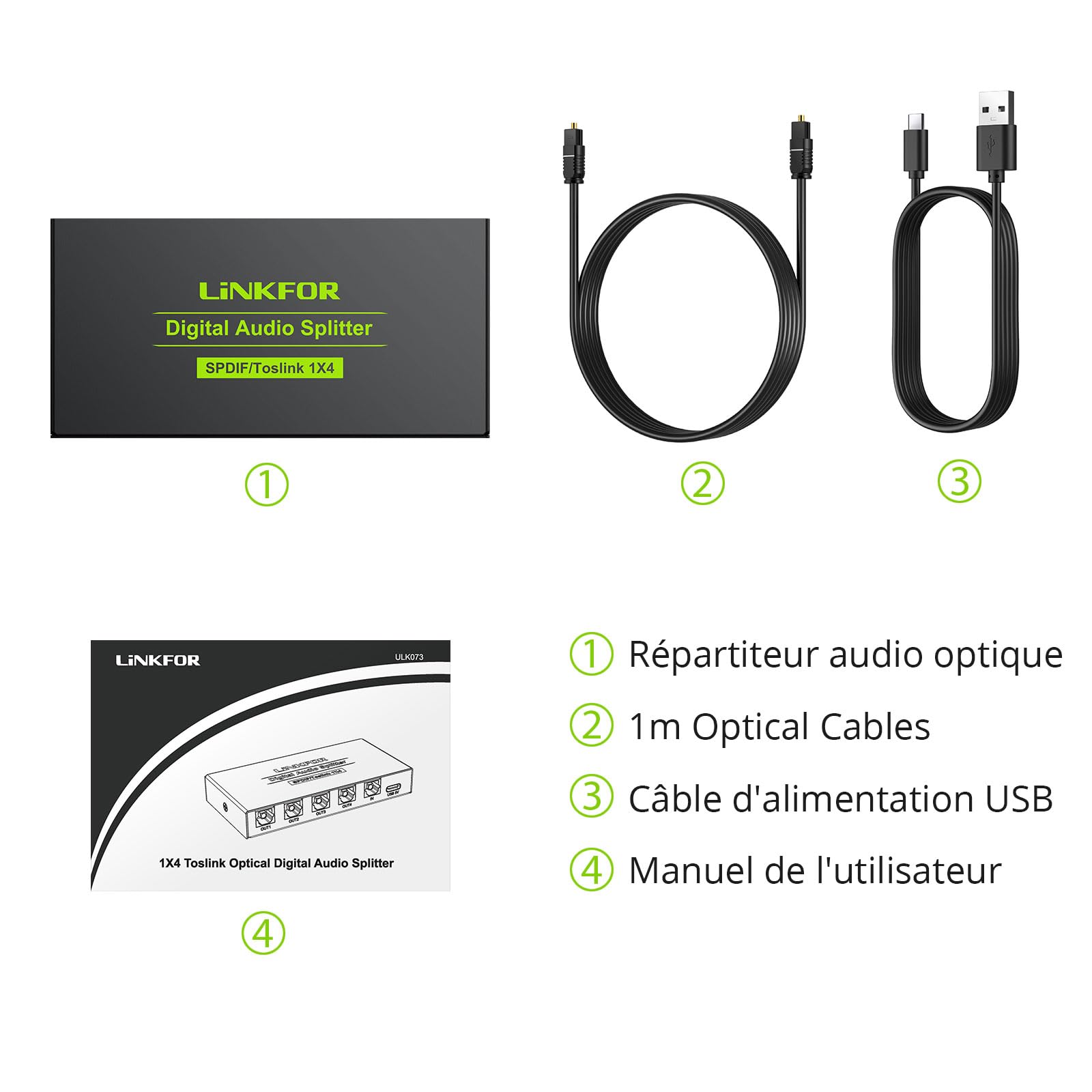 Switch Optique Audio, LiNKFOR 4x1 Commutateur Audio Toslink SPDIF Fibre Optique Numérique Switch Splitter Audio Support LPCM2.0 DTS Dolby-AC3 avec Câble Optique