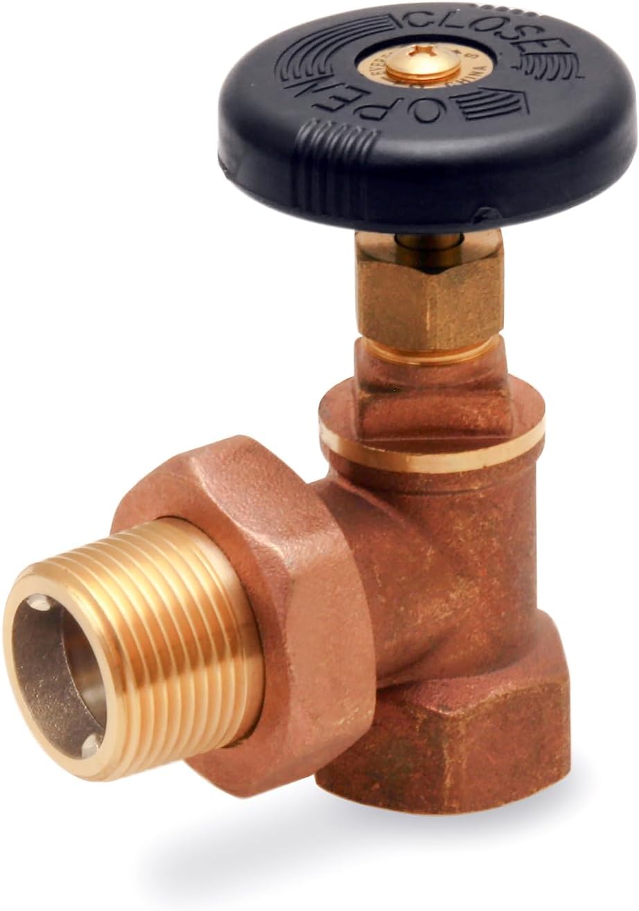 Hot Water Angle Radiator Valve 1 in. FIP x Male Union Heavy Duty Brass Angle Radiator Valve with Molded Thermal Plastic Handle