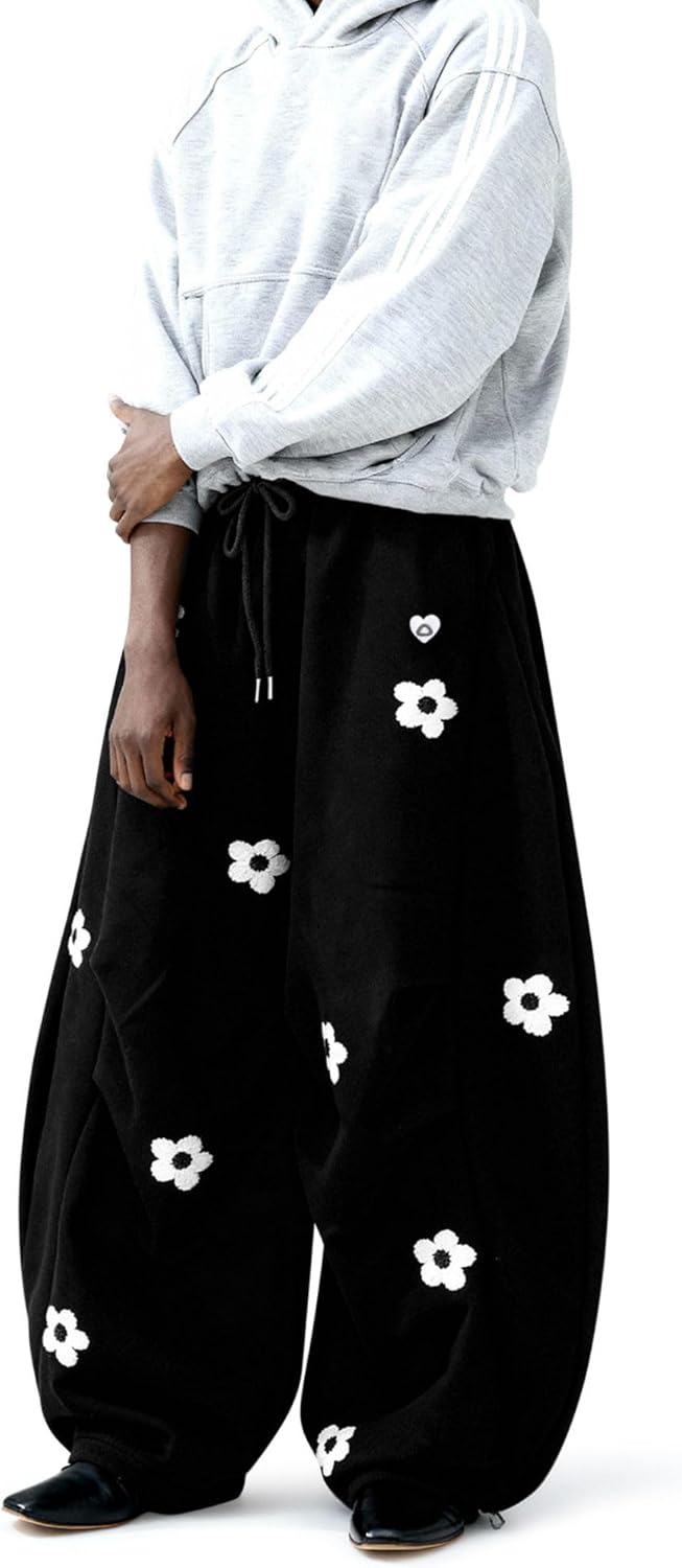 Aelfric Eden Baggy Wide Leg Sweatpants Flower Embroidery Casual Y2K Elastic Drawstring Lantern Barrel Lounge Trouser Pants - Image 2