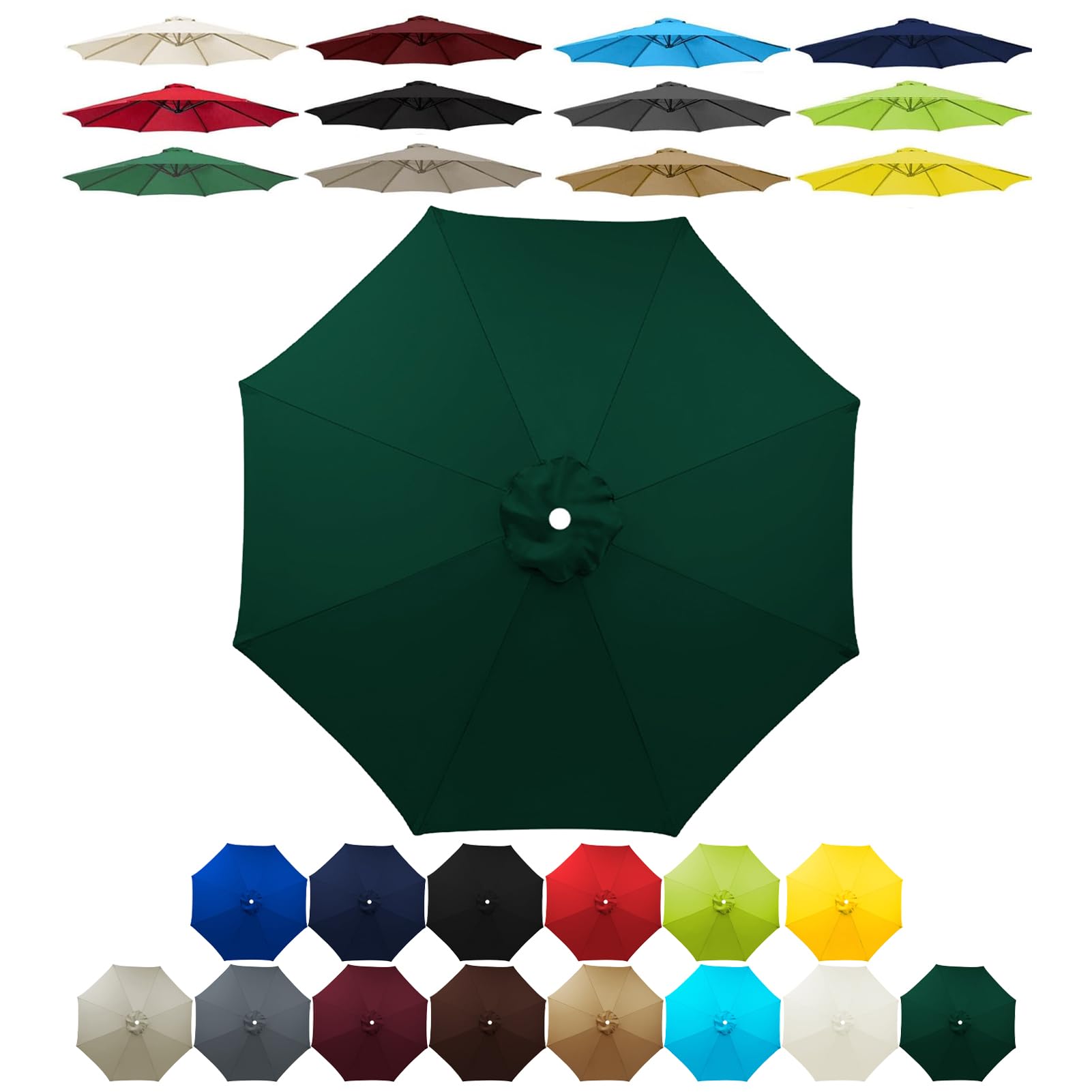 Umbrella Replacement Cloth 2.0m 2.3m 2.5m 2.7m 3.0m Patio Replacement Parasol Fabric,6 Ribs/8 Ribs Garden Umbrella Replacement Canopy For Backyard Beach UV 50 (6 ribs-2.0m(6.5ft),Dark Green)