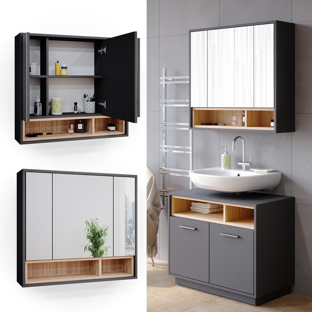 Vicco Armoire de Toilette Beatrice, Anthracite, 80x72cm | pour montage mural avec étagères ouvertes